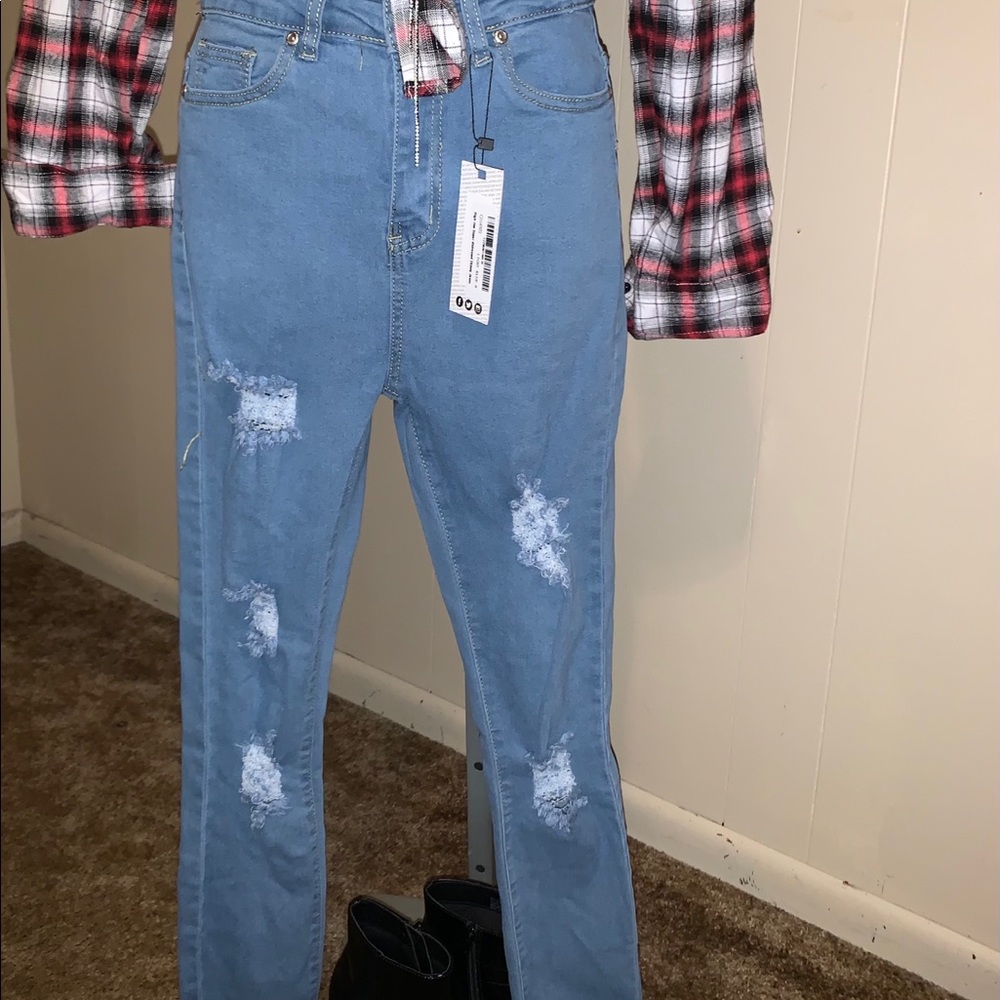 Boohoo Blue High Rise Super Distressed Skinnies